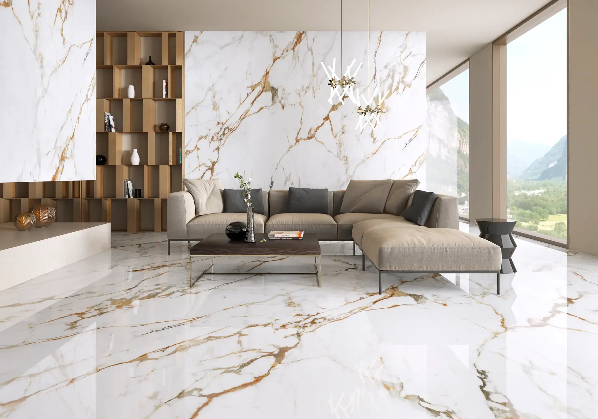 Superficie de porcelánico Arklam efecto mármol Calacatta de 6 mm en gran formato